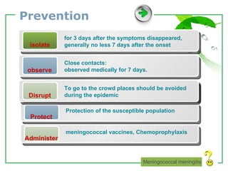 Prevention Meningococcal meningitis Protect Protection of the susceptible population Protect Protection of the susceptible population Administer meningococcal vaccines, Chemoprophylaxis isolate for 3 days after the symptoms disappeared, generally no less 7 days after the onset observe Close contacts: observed medically for 7 days . Disrupt To go to the crowd places should be avoided during the epidemic 