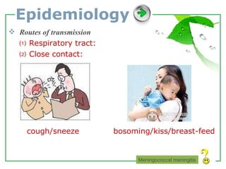 Epidemiology Routes of transmission ⑴  Respiratory tract: ⑵  Close contact:  cough/sneeze  bosoming/kiss/breast-feed  Meningococcal meningitis 