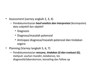 Assessment (varney angkah 2, 3, 4) Pendokumentasian  hasil analisis dan interpretasi  (kesimpulan) data subjektif dan objektif  Diagnosis Diagnosa/masalah potensial Antisipasi diagnosa/masalah potensial dan tindakan segera Planning (Varney langkah 5, 6, 7) Pendokumentasian  rencana ,  tindakan (I) dan evaluasi (E),  meliputi: asuhan mandiri, kolaborasi, tes diagnostik/laboratorium, konseling dan follow up 