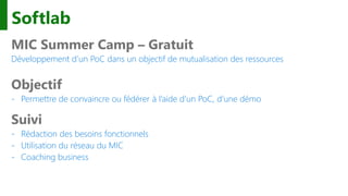 Softlab
MIC Summer Camp – Gratuit
Développement d’un PoC dans un objectif de mutualisation des ressources
Objectif
- Permettre de convaincre ou fédérer à l’aide d’un PoC, d’une démo
Suivi
- Rédaction des besoins fonctionnels
- Utilisation du réseau du MIC
- Coaching business
 