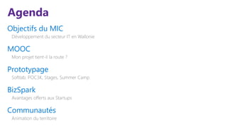 Objectifs du MIC
Développement du secteur IT en Wallonie
MOOC
Mon projet tient-il la route ?
Prototypage
Softlab, POC3K, Stages, Summer Camp
BizSpark
Avantages offerts aux Startups
Communautés
Animation du territoire
Agenda
 