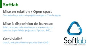 Softlab
Mise en relation / Open space
Connecter les porteurs de projets aux experts IT de la région
Mise à disposition de bureaux
Salle commune, salles de réunions sur réservation ou
selon les disponibilités, projecteurs, flipchart, BMC, …
Convivialité
Gratuit, avec petit déjeuner pour les lèves-tôt 
 