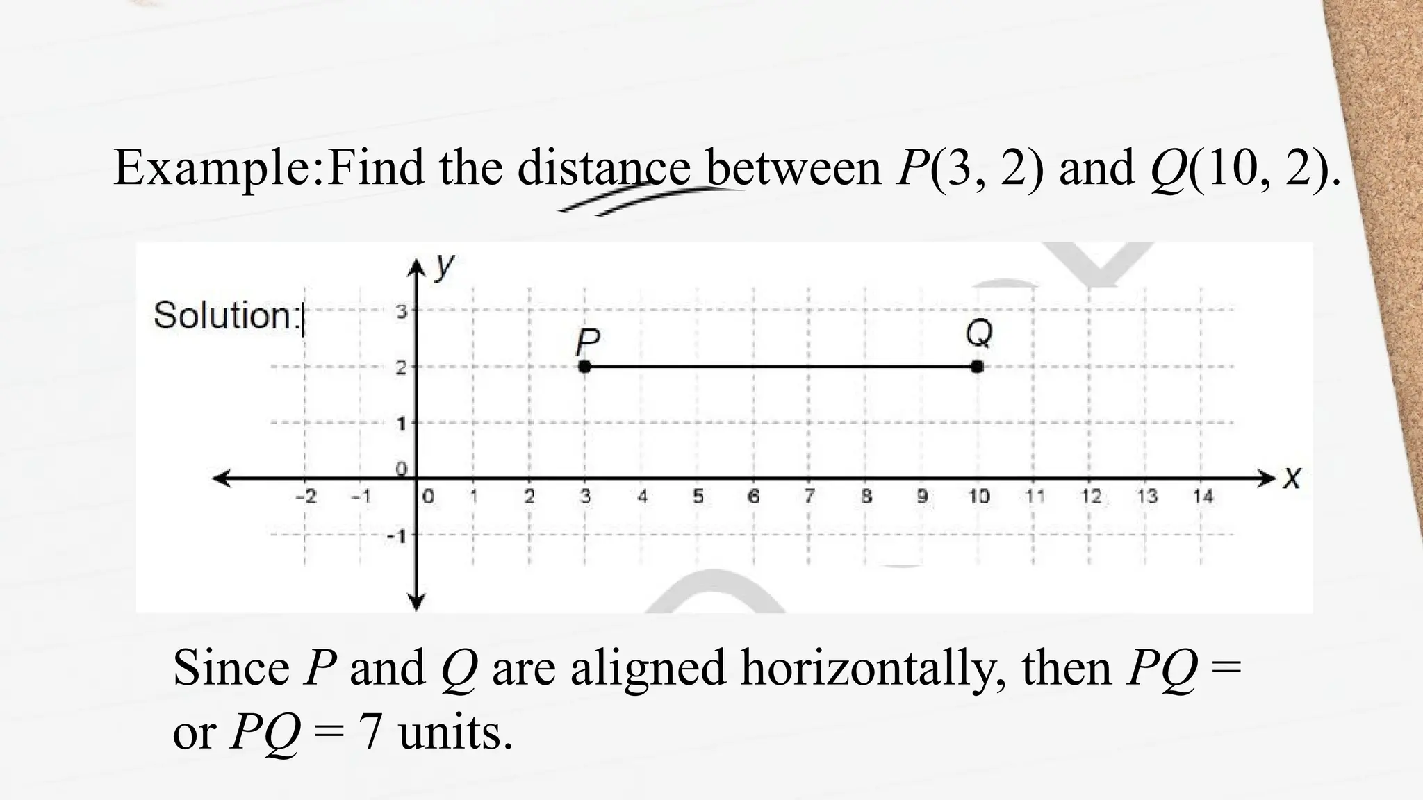 Example:Find the distance between P(3, 2) and Q(10, 2).
Since P and Q are aligned horizontally, then PQ =
or PQ = 7 units.
 