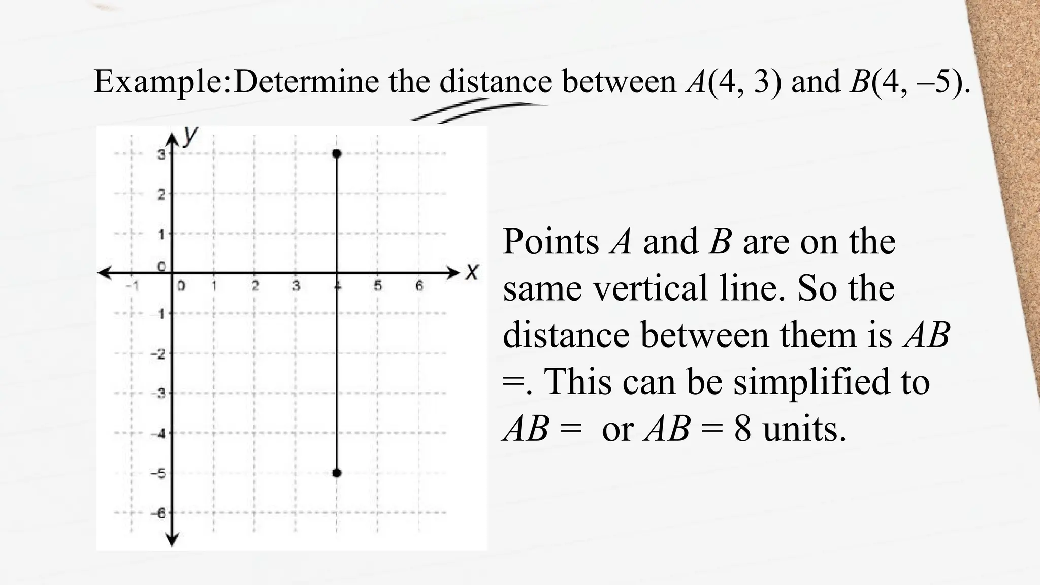 Example:Determine the distance between A(4, 3) and B(4, –5).
Points A and B are on the
same vertical line. So the
distance between them is AB
=. This can be simplified to
AB = or AB = 8 units.
 