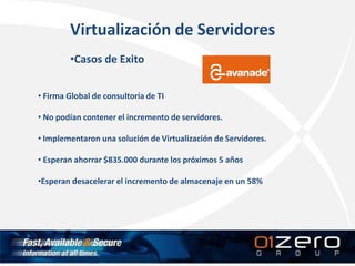 Virtualización de Servidores
•Casos de Exito
• Firma Global de consultoría de TI
• No podían contener el incremento de servidores.
• Implementaron una solución de Virtualización de Servidores.
• Esperan ahorrar $835.000 durante los próximos 5 años
•Esperan desacelerar el incremento de almacenaje en un 58%
 