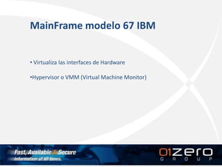 MainFrame modelo 67 IBM
• Virtualiza las interfaces de Hardware
•Hypervisor o VMM (Virtual Machine Monitor)
 