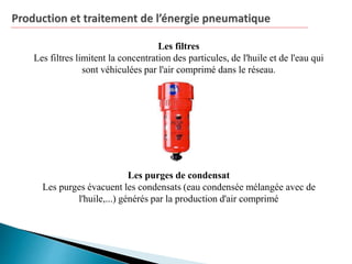 Les filtres
Les filtres limitent la concentration des particules, de l'huile et de l'eau qui
sont véhiculées par l'air comprimé dans le réseau.
Les purges de condensat
Les purges évacuent les condensats (eau condensée mélangée avec de
l'huile,...) générés par la production d'air comprimé
 