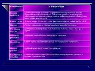 Componentes Características  Cápsula bacteriana Estrutura presente em quase todos os grupos de bactérias patogénicas, tem uma espessura que oscila entre 100 e 400  Å. De aspecto gelatinoso, é rica em glícidos, possuindo também moléculas proteicas. Além de uma função protectora, funciona como defesa em relação a anticorpos. Parede celular Dá forma, suporte e protecção à célula. A espessura da parede oscila entre 50 e 100  Å. Flagelos Permitem a deslocação da maior parte das bactérias que têm movimento. Pili, pilus ou fímbrias  Estruturas de natureza proteica, muito numerosas, muito mais curtas e finas que os flagelos. Membrana plasmática Apresenta a constituição típica deste grupo de membranas Citoplasma Contém enzimas e substância de reserva. Não tem organelos membranares. Material genético O DNA bacteriano é uma simples molécula circular. Ribossomas e inclusões Livres no citoplasma bacteriano encontram-se ribossomas e grânulos de reserva – inclusões – de diversos tipos. 