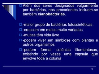 Além dos seres designados vulgarmente por bactérias, nos procariontes incluem-se também  cianobactérias . -maior grupo de bactérias fotossintéticas  -crescem em meios muito variados -muitas têm vida livre -podem viver em simbiose com plantas e outros organismos -podem formar colónias filamentosas, existindo por vezes uma cápsula que envolve toda a colónia 