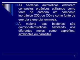 As bactérias autotróficas elaboram compostos orgânicos utilizando como fonte de carbono um composto inorgânico (CO 2  ou CO) e como fonte de energia a energia luminosa. A maioria das bactérias são quimioheterotróficas, habitando nos diferentes meios como  saprófitos, simbiontes ou parasitas .  