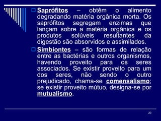 Saprófitos  – obtêm o alimento degradando matéria orgânica morta. Os saprófitos segregam enzimas que lançam sobre a matéria orgânica e os produtos solúveis resultantes da digestão são absorvidos e assimilados. Simbiontes  – são formas de relação entre as bactérias e outros organismos, havendo proveito para os seres associados. Se existir proveito para um dos seres, não sendo o outro prejudicado, chama-se  comensalismo ; se existir proveito mútuo, designa-se por  mutualismo .  