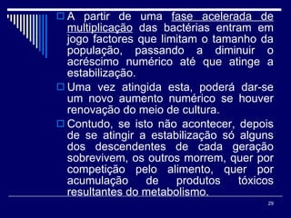 A partir de uma  fase acelerada de multiplicação  das bactérias entram em jogo factores que limitam o tamanho da população, passando a diminuir o acréscimo numérico até que atinge a estabilização. Uma vez atingida esta, poderá dar-se um novo aumento numérico se houver renovação do meio de cultura. Contudo, se isto não acontecer, depois de se atingir a estabilização só alguns dos descendentes de cada geração sobrevivem, os outros morrem, quer por competição pelo alimento, quer por acumulação de produtos tóxicos resultantes do metabolismo.  