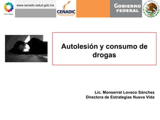 www.cenadic.salud.gob.mx




                           Autolesión y consumo de
                                    drogas




                                     Lic. Monserrat Lovaco Sánchez
                                 Directora de Estrategias Nueva Vida
 