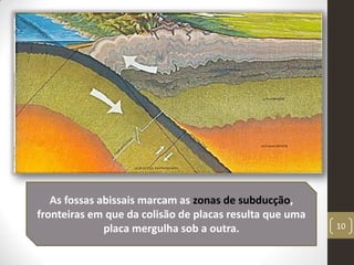 10
As fossas abissais marcam as zonas de subducção,
fronteiras em que da colisão de placas resulta que uma
placa mergulha ...