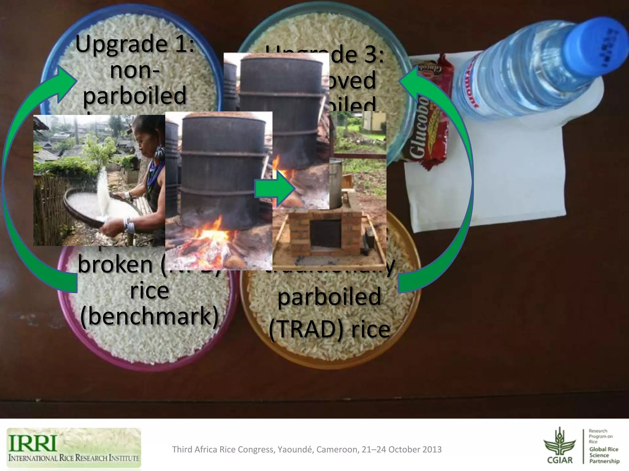 Upgrade 1:
nonparboiled
homogenous (NPH)
rice
nonparboiled
broken (NPB)
rice
(benchmark)

Upgrade 3:
improved
parboiled
rice (IRAD)

Upgrade 2:
traditionally
parboiled
(TRAD) rice

Third Africa Rice Congress, Yaoundé, Cameroon, 21–24 October 2013

 