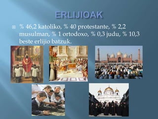    % 46,2 katoliko, % 40 protestante, % 2,2
    musulman, % 1 ortodoxo, % 0,3 judu, % 10,3
    beste erlijio batzuk.
 