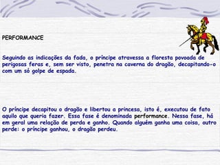 PERFORMANCE
Seguindo as indicações da fada, o príncipe atravessa a floresta povoada de
perigosas feras e, sem ser visto, penetra na caverna do dragão, decapitando-o
com um só golpe de espada.
O príncipe decapitou o dragão e libertou a princesa, isto é, executou de fato
aquilo que queria fazer. Essa fase é denominada performance. Nessa fase, há
em geral uma relação de perda e ganho. Quando alguém ganha uma coisa, outro
perde: o príncipe ganhou, o dragão perdeu.
 