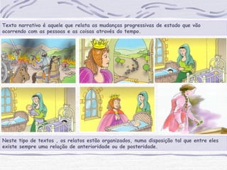 Texto narrativo é aquele que relata as mudanças progressivas de estado que vão
ocorrendo com as pessoas e as coisas através do tempo.
Neste tipo de textos , os relatos estão organizados, numa disposição tal que entre eles
existe sempre uma relação de anterioridade ou de posteridade.
 