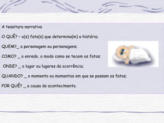A tessitura narrativa
O QUÊ? – o(s) fato(s) que determina(m) a história;
QUEM?_ a personagem ou personagens;
COMO? _ o enredo, o modo como se tecem os fatos;
ONDE? _ o lugar ou lugares da ocorrência;
QUANDO? _ o momento ou momentos em que se passam os fatos;
POR QUÊ? _ a causa do acontecimento.
 