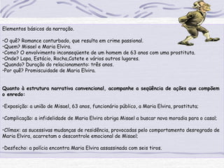 Elementos básicos da narração.
•O quê? Romance conturbado, que resulta em crime passional.
•Quem? Misael e Maria Elvira.
•Como? O envolvimento inconseqüente de um homem de 63 anos com uma prostituta.
•Onde? Lapa, Estácio, Rocha,Catete e vários outros lugares.
•Quando? Duração do relacionamento: três anos.
•Por quê? Promiscuidade de Maria Elvira.
Quanto à estrutura narrativa convencional, acompanhe a seqüência de ações que compõem
o enredo:
•Exposição: a união de Misael, 63 anos, funcionário público, a Maria Elvira, prostituta;
•Complicação: a infidelidade de Maria Elvira obriga Misael a buscar nova moradia para o casal;
•Clímax: as sucessivas mudanças de residência, provocadas pelo comportamento desregrado de
Maria Elvira, acarretam o descontrole emocional de Misael;
•Desfecho: a polícia encontra Maria Elvira assassinada com seis tiros.
 