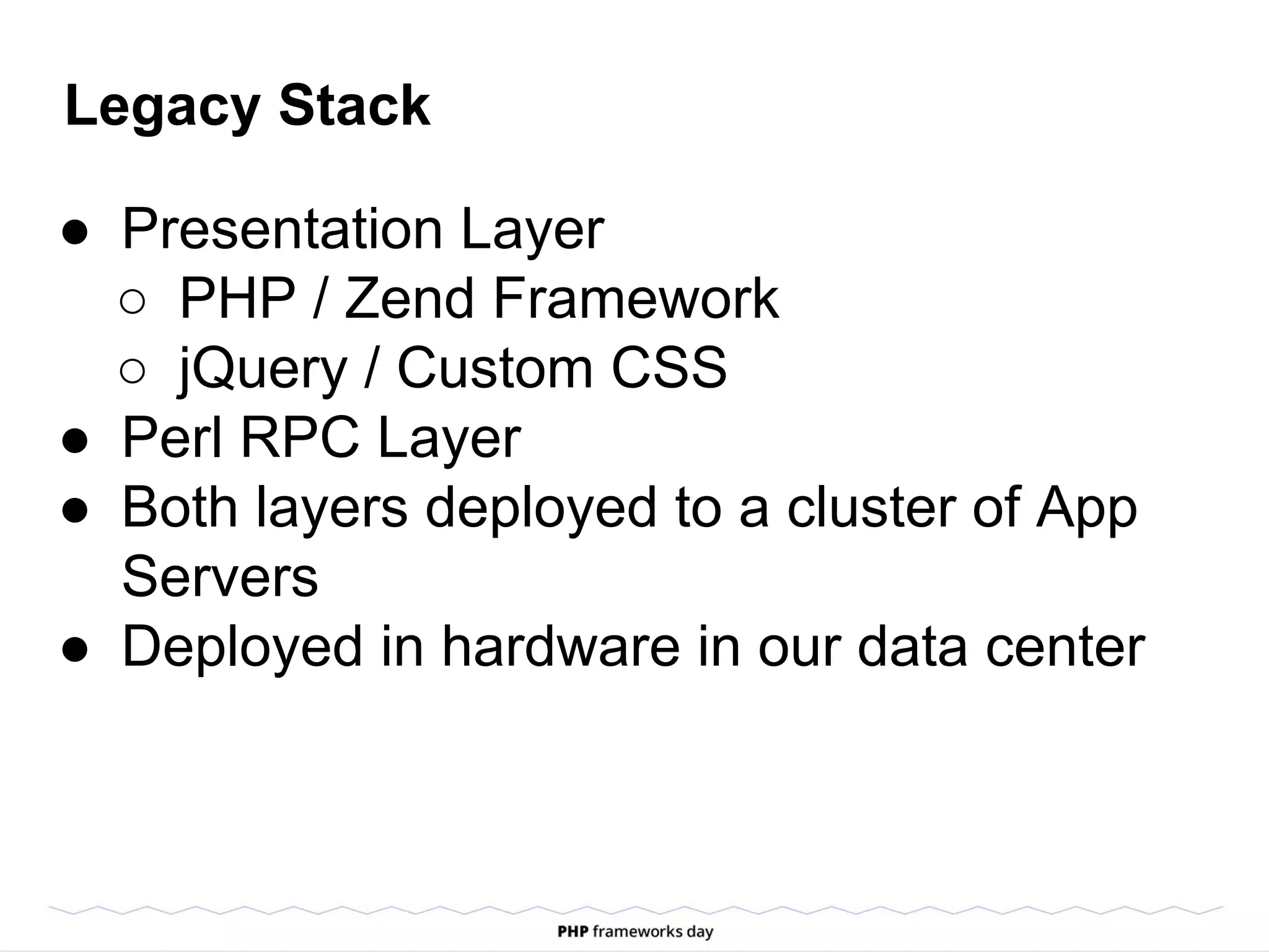 Legacy Stack
● Presentation Layer
○ PHP / Zend Framework
○ jQuery / Custom CSS
● Perl RPC Layer
● Both layers deployed to a cluster of App
Servers
● Deployed in hardware in our data center
 