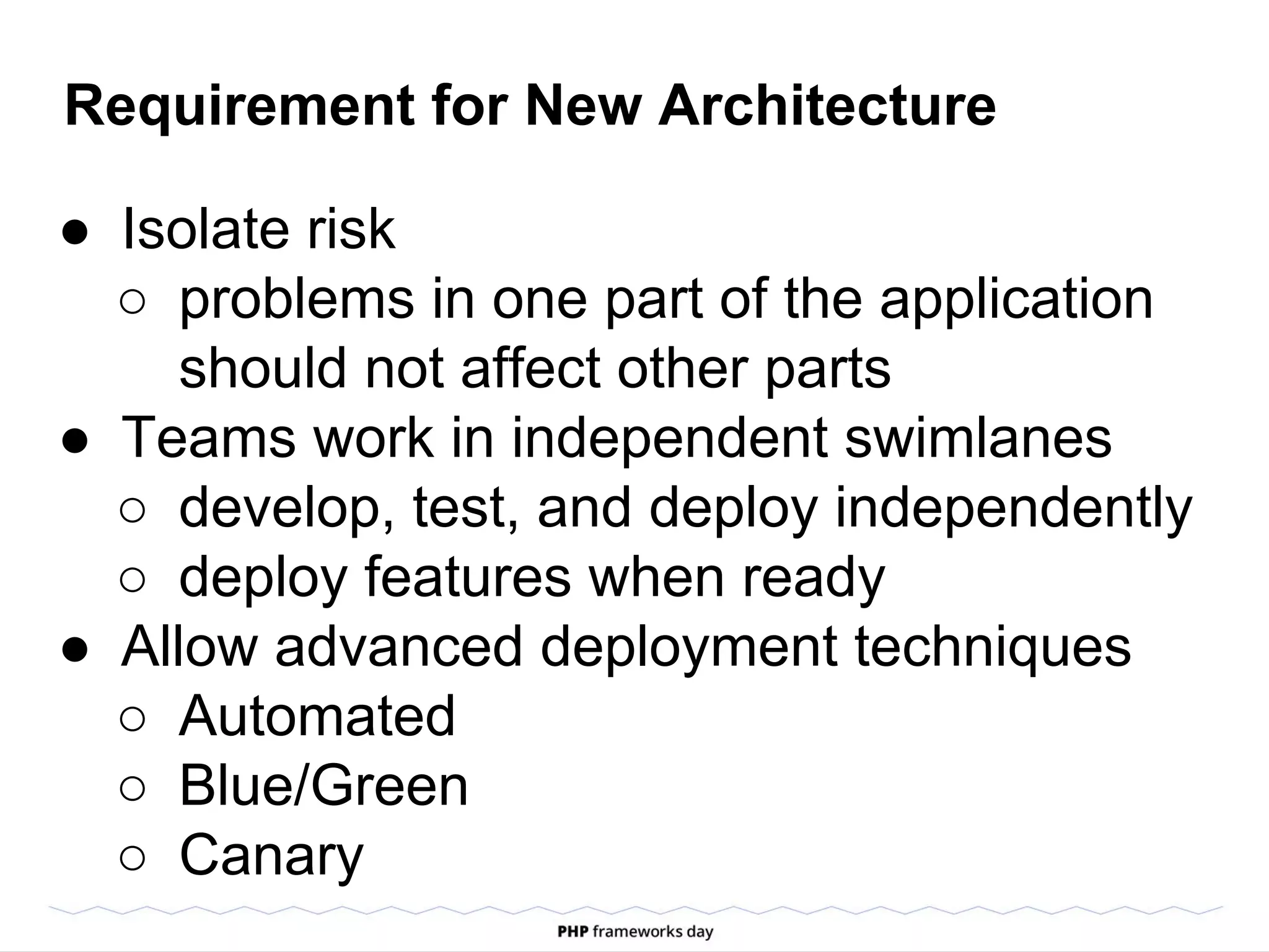 Requirement for New Architecture
● Isolate risk
○ problems in one part of the application
should not affect other parts
● Teams work in independent swimlanes
○ develop, test, and deploy independently
○ deploy features when ready
● Allow advanced deployment techniques
○ Automated
○ Blue/Green
○ Canary
 