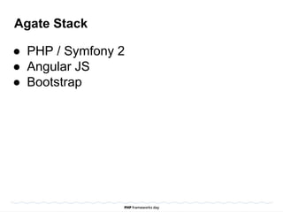 Agate Stack
● PHP / Symfony 2
● Angular JS
● Bootstrap
 