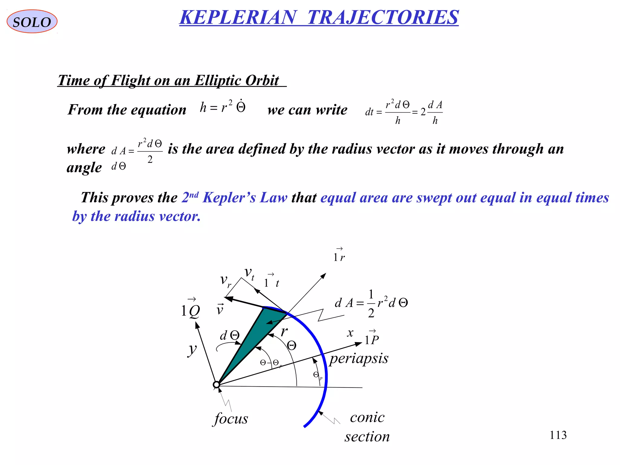 113
SOLO KEPLERIAN TRAJECTORIES
Time of Flight on an Elliptic Orbit
From the equation Θ= 2
rh we can write
h
Ad
h
dr
dt 2
2
=
Θ
=
where is the area defined by the radius vector as it moves through an
angle
2
2
Θ
=
dr
Ad
Θd
Θ
pΘ
pΘ−Θ
r
focus conic
section
x
y
→
P1
→
Q1
→
r1
→
t1
v

rv tv
Θd
Θ= drAd 2
2
1
periapsis
This proves the 2nd
Kepler’s Law that equal area are swept out equal in equal times
by the radius vector.
 