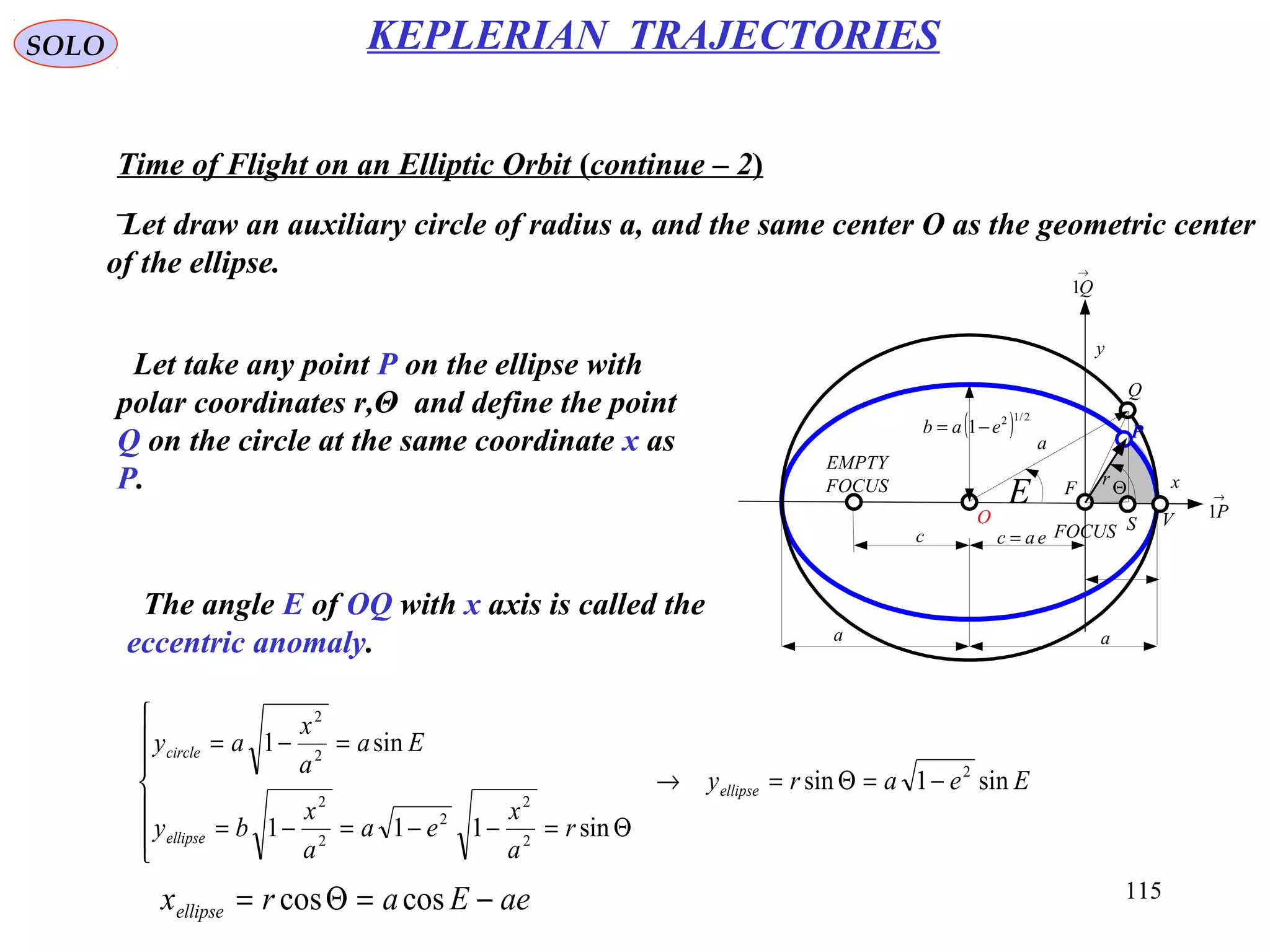 115
SOLO KEPLERIAN TRAJECTORIES
Time of Flight on an Elliptic Orbit (continue – 2)
Let draw an auxiliary circle of radius a, and the same center O as the geometric center
of the ellipse.
x
y
eac =
a a
( ) 2/12
1 eab −=
r
Θ
FOCUS
EMPTY
FOCUS
c
→
P1
→
Q1
a
F
Q
O VS
E
P
Let take any point P on the ellipse with
polar coordinates r,Θ and define the point
Q on the circle at the same coordinate x as
P.
Eeary
r
a
x
ea
a
x
by
Ea
a
x
ay
ellipse
ellipse
circle
sin1sin
sin111
sin1
2
2
2
2
2
2
2
2
−=Θ=→







Θ=−−=−=
=−=
The angle E of OQ with x axis is called the
eccentric anomaly.
aeEarxellipse −=Θ= coscos
 
