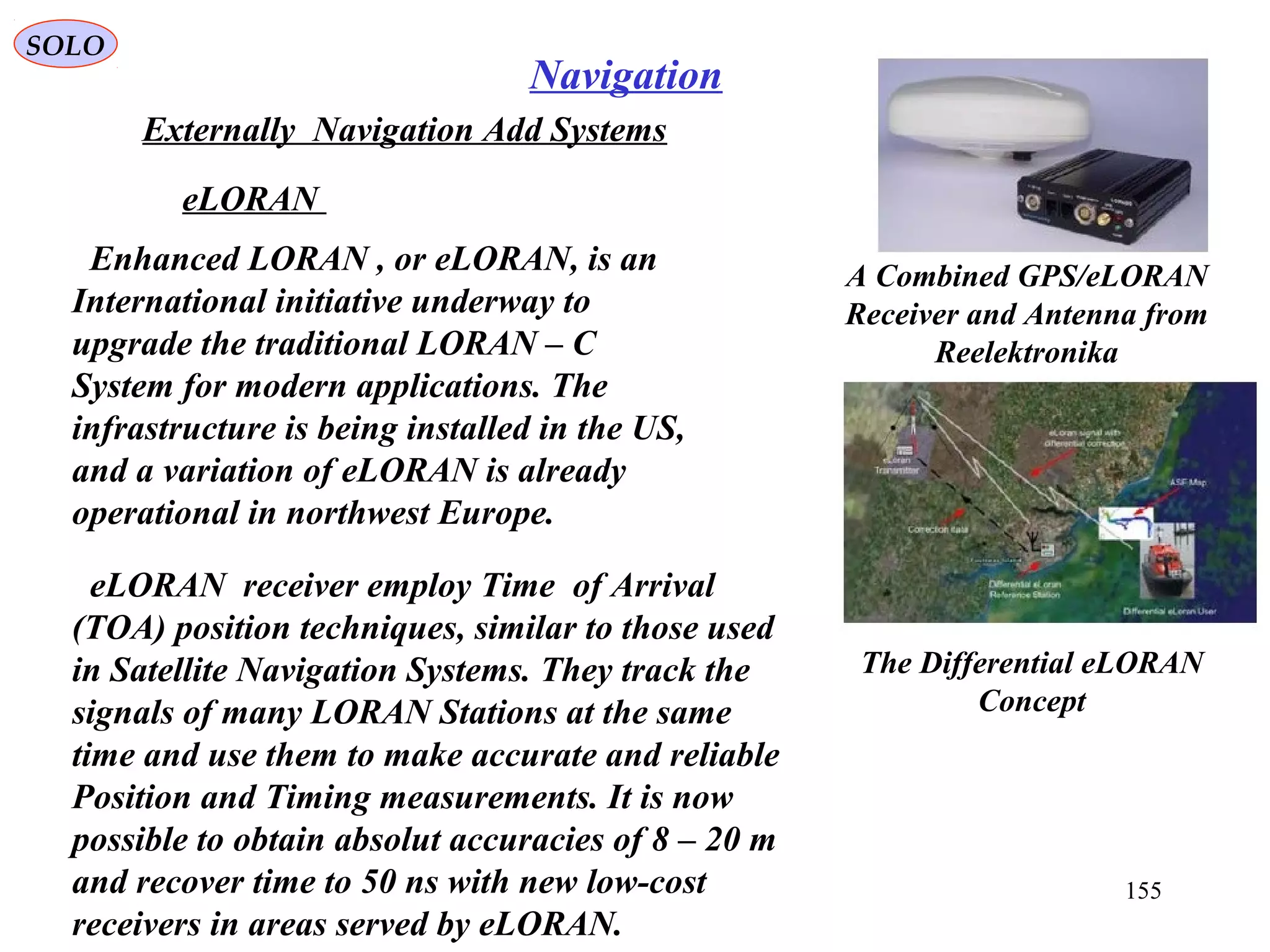 SOLO
155
Navigation
Externally Navigation Add Systems
eLORAN
eLORAN receiver employ Time of Arrival
(TOA) position techniques, similar to those used
in Satellite Navigation Systems. They track the
signals of many LORAN Stations at the same
time and use them to make accurate and reliable
Position and Timing measurements. It is now
possible to obtain absolut accuracies of 8 – 20 m
and recover time to 50 ns with new low-cost
receivers in areas served by eLORAN.
The Differential eLORAN
Concept
Enhanced LORAN , or eLORAN, is an
International initiative underway to
upgrade the traditional LORAN – C
System for modern applications. The
infrastructure is being installed in the US,
and a variation of eLORAN is already
operational in northwest Europe.
A Combined GPS/eLORAN
Receiver and Antenna from
Reelektronika
 