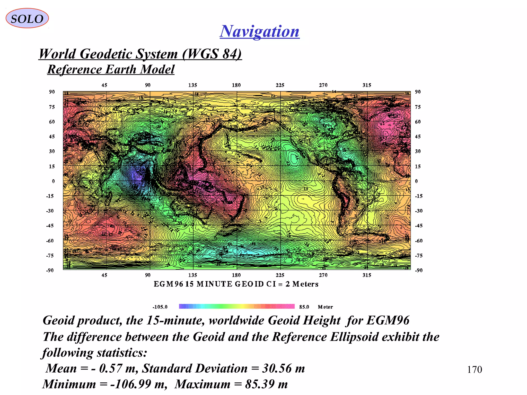 SOLO
170
Navigation
World Geodetic System (WGS 84)
Reference Earth Model
Geoid product, the 15-minute, worldwide Geoid Height for EGM96
The difference between the Geoid and the Reference Ellipsoid exhibit the
following statistics:
Mean = - 0.57 m, Standard Deviation = 30.56 m
Minimum = -106.99 m, Maximum = 85.39 m
 