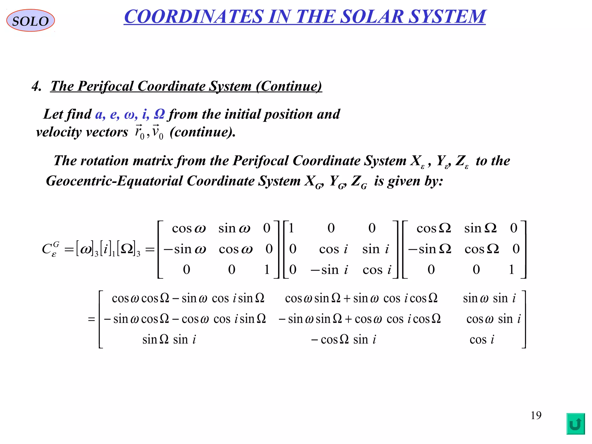 19
SOLO
4. The Perifocal Coordinate System (Continue)
COORDINATES IN THE SOLAR SYSTEM
Let find a, e, ω, i, Ω from the initial position and
velocity vectors (continue).00 ,vr

The rotation matrix from the Perifocal Coordinate System Xε , Yε, Zε to the
Geocentric-Equatorial Coordinate System XG, YG, ZG is given by:
[ ] [ ] [ ]










ΩΩ−
ΩΩ










−









−=Ω=
100
0cossin
0sincos
cossin0
sincos0
001
100
0cossin
0sincos
313
ii
iiiCG
ωω
ωω
ωε










Ω−Ω
Ω+Ω−Ω−Ω−
Ω+ΩΩ−Ω
=
iii
iii
iii
cossincossinsin
sincoscoscoscossinsinsincoscoscossin
sinsincoscossinsincossincossincoscos
ωωωωω
ωωωωω
 