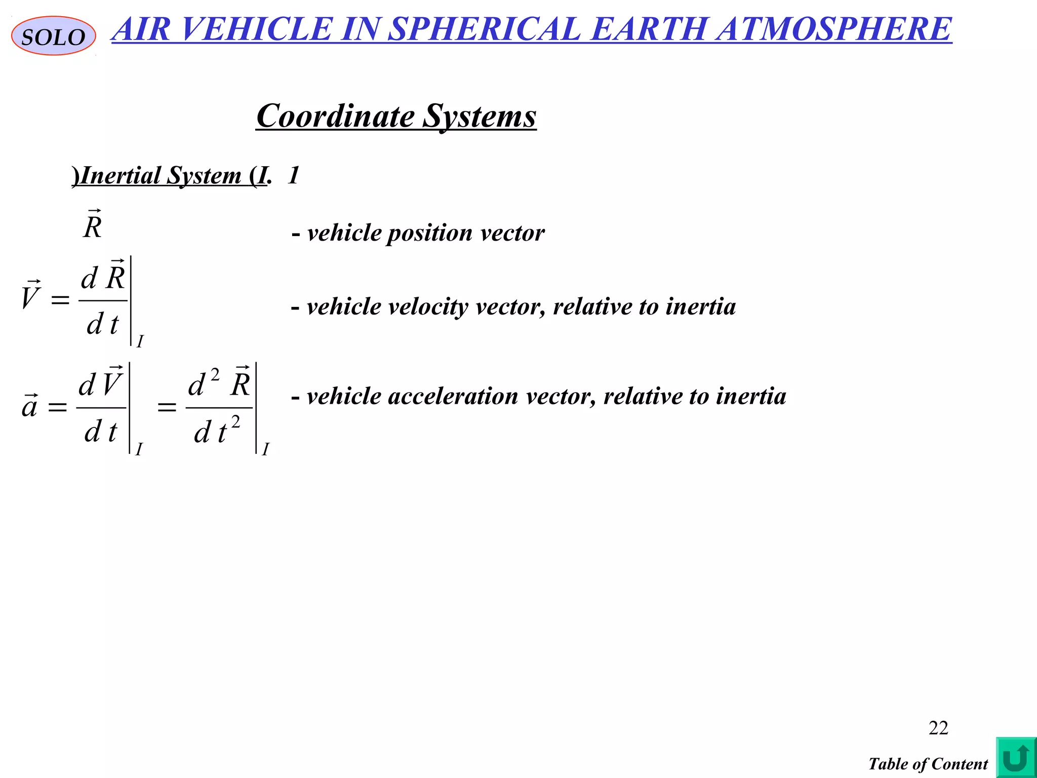 22
SOLO
Coordinate Systems
1.Inertial System (I(
R

- vehicle position vector
I
td
Rd
V


= - vehicle velocity vector, relative to inertia
II
td
Rd
td
Vd
a 2
2


== - vehicle acceleration vector, relative to inertia
AIR VEHICLE IN SPHERICAL EARTH ATMOSPHERE
Table of Content
 