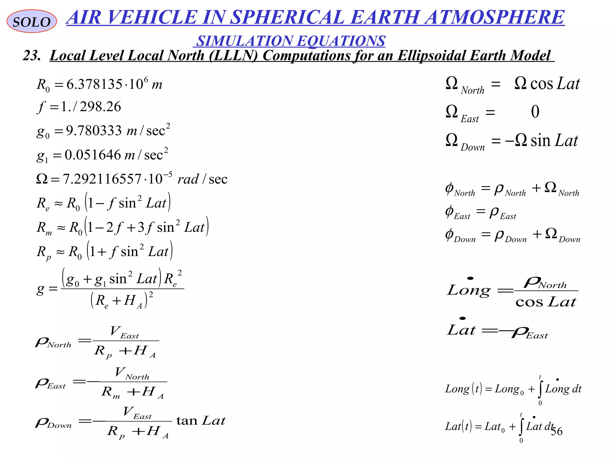 56
SOLO
23. Local Level Local North (LLLN( Computations for an Ellipsoidal Earth Model
( )
( )
( )
( )
( )2
22
10
2
0
2
0
2
0
5
2
1
2
0
6
0
sin
sin1
sin321
sin1
sec/10292116557.7
sec/051646.0
sec/780333.9
26.298/.1
10378135.6
Ae
e
p
m
e
HR
RLatgg
g
LatfRR
LatffRR
LatfRR
rad
mg
mg
f
mR
+
+
=
+≈
+−≈
−≈
⋅=Ω
=
=
=
⋅=
−
Lat
HR
V
HR
V
HR
V
Ap
East
Down
Am
North
East
Ap
East
North
tan
+
−=
+
−=
+
=
ρ
ρ
ρ
Lat
Lat
Down
East
North
sin
0
cos
Ω−=Ω
=Ω
Ω=Ω
DownDownDown
EastEast
NorthNorthNorth
Ω+=
=
Ω+=
ρφ
ρφ
ρφ
East
North
Lat
Lat
Long
ρ
ρ
−=
=
•
•
cos
( )
( ) ∫
∫
•
•
+=
+=
t
t
dtLatLattLat
dtLongLongtLong
0
0
0
0
AIR VEHICLE IN SPHERICAL EARTH ATMOSPHERE
SIMULATION EQUATIONS
 