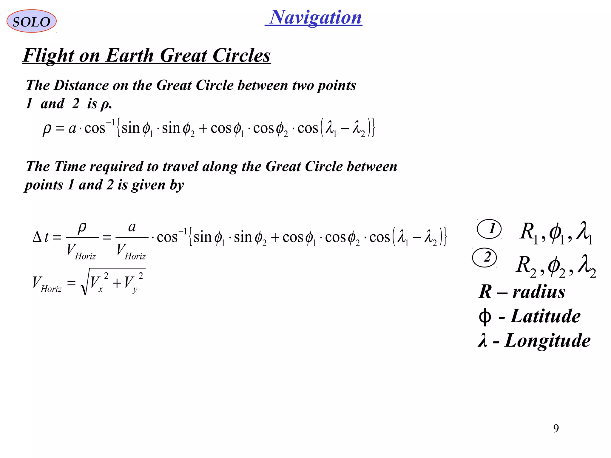 9
NavigationSOLO
Flight on Earth Great Circles
The Distance on the Great Circle between two points
1 and 2 is ρ.
1
2
111 ,, λφR
222 ,, λφR
R – radius
- Latitudeϕ
λ - Longitude
The Time required to travel along the Great Circle between
points 1 and 2 is given by
( ){ }
22
212121
1
coscoscossinsincos
yxHoriz
HorizHoriz
VVV
V
a
V
t
+=
−⋅⋅+⋅⋅==∆ −
λλφφφφ
ρ
( ){ }212121
1
coscoscossinsincos λλφφφφρ −⋅⋅+⋅⋅= −
a
 