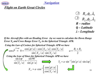 10
NavigationSOLO
Flight on Earth Great Circles
1
2
111 ,, λφR
222 ,, λφR
If the Aircraft flies with an Heading Error Δψ we want to calculate the Down Range
Error Xd and Cross Range Error Yd, in the Spherical Triangle APB.
R – radius
- Latitudeϕ
λ - Longitude
Using the Law of Cosines for Spherical Triangle APB we have
( ) ( )aaYd /sin
90sin
/sin
sin
ρ
ψ 
=
∆
( ) ( ) ( )
( ) ( ) 2/sin/sin
/cos/cos/cos
0ˆcos 21
90ˆ
RR
a
aYaX
aYaXa
P
dd
dd
P +
=
⋅
⋅−
==
= ρ

Using the Law of Sines for Spherical Triangle APB we have
( )
( )





⋅= −
aY
a
aX
d
d
/cos
/cos
cos 1 ρ
( )[ ]ψρ ∆⋅⋅= −
sin/sinsin 1
aaYd
 