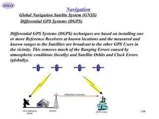 SOLO
108
Navigation
Global Navigation Satelite System (GNSS)
Differential GPS Systems (DGPS)
Differential GPS Systems (DGPS) techniques are based on installing one
or more Reference Receivers at known locations and the measured and
known ranges to the Satellites are broadcast to the other GPS Users in
the vicinity. This removes much of the Ranging Errors caused by
atmospheric conditions (locally) and Satellite Orbits and Clock Errors
(globally).
 