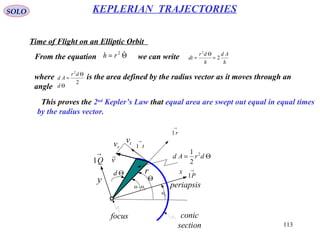 113
SOLO KEPLERIAN TRAJECTORIES
Time of Flight on an Elliptic Orbit
From the equation Θ= 2
rh we can write
h
Ad
h
dr
dt 2
2
=
Θ
=
where is the area defined by the radius vector as it moves through an
angle
2
2
Θ
=
dr
Ad
Θd
Θ
pΘ
pΘ−Θ
r
focus conic
section
x
y
→
P1
→
Q1
→
r1
→
t1
v

rv tv
Θd
Θ= drAd 2
2
1
periapsis
This proves the 2nd
Kepler’s Law that equal area are swept out equal in equal times
by the radius vector.
 