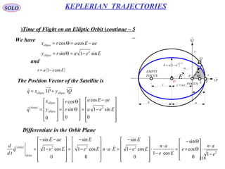 118
SOLO KEPLERIAN TRAJECTORIES
Time of Flight on an Elliptic Orbit (continue – 5)
We have
x
y
eac =
a a
( ) 2/12
1 eab −=
rΘ
FOCUS
EMPTY
FOCUS
c
→
P1
→
Q1
a
F
Q
O VS
E
P
Eeary
aeEarx
ellipse
ellipse
sin1sin
coscos
2
−=Θ=
−=Θ=
and
( )Eear cos1−=
The Position Vector of the Satellite is
( )












−
−
=










Θ
Θ
=










=
+=
0
sin1
cos
0
sin
cos
0
11
2
Eea
aeEa
r
r
y
x
q
QyPxq
ellipse
ellipse
Orbit
ellipseellipse


Differentiate in the Orbit Plane
( )
2
222
1
0
cos
sin
cos1
0
cos1
sin
0
cos1
sin
0
cos1
sin
e
an
e
Ee
an
Ee
E
EanEe
E
Ee
aeE
q
td
d
Orbit
Orbit
−
⋅
⋅










Θ+
Θ−
=
⋅−
⋅
⋅












−
−
=⋅⋅












−
−
=












−
−−
= 
 