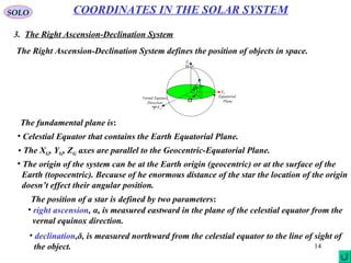 14
SOLO
3. The Right Ascension-Declination System
COORDINATES IN THE SOLAR SYSTEM
The Right Ascension-Declination System defines the position of objects in space.
• Celestial Equator that contains the Earth Equatorial Plane.
• The XG, YG, ZG axes are parallel to the Geocentric-Equatorial Plane.
• The origin of the system can be at the Earth origin (geocentric) or at the surface of the
Earth (topocentric). Because of he enormous distance of the star the location of the origin
doesn’t effect their angular position.
GZ
Ω
GX
GY
Equatorial
Planeα
δ
Vernal Equinox
Direction
The fundamental plane is:
The position of a star is defined by two parameters:
• right ascension, α, is measured eastward in the plane of the celestial equator from the
vernal equinox direction.
• declination,δ, is measured northward from the celestial equator to the line of sight of
the object.
 
