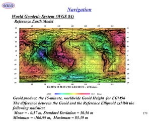SOLO
170
Navigation
World Geodetic System (WGS 84)
Reference Earth Model
Geoid product, the 15-minute, worldwide Geoid Height for EGM96
The difference between the Geoid and the Reference Ellipsoid exhibit the
following statistics:
Mean = - 0.57 m, Standard Deviation = 30.56 m
Minimum = -106.99 m, Maximum = 85.39 m
 