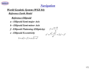 SOLO
172
Navigation
World Geodetic System (WGS 84)
Reference Earth Model
a
ba
f
−
=:f - Ellipsoid Flattening (Ellipticity)
a - Ellipsoid Semi-major Axis
b - Ellipsoid Semi-minor Axis
e - Ellipsoid Eccentricity 2
2
22
2
2: ff
a
ba
e −=
−
=
( ) 2
11 eafab −=−=
Reference Ellipsoid
 
