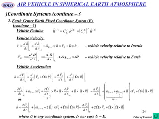24
SOLO
Coordinate Systems (continue – 3)
2. Earth Center Earth Fixed Coordinate System (E(
(continue – 1(
Vehicle Position ( ) ( )
( ) ( )ETE
I
EI
E
I
RCRCR

==
Vehicle Velocity
Vehicle Acceleration
RVR
td
Rd
td
Rd
V EIE
EI



×Ω+=×+== ←ω - vehicle velocity relative to Inertia
R
td
Rd
td
Rd
V IE
LE
E



×+== ←ω: - vehicle velocity relative to Earth
( ) ( )
II
E
I
E
I
R
td
d
td
Vd
RV
td
d
td
Vd
a





×Ω+=×Ω+==
( ) ( )RV
td
Vd
R
td
Rd
R
td
d
V
td
Vd
EIEEU
U
E
EE
EIU
U
E
IU













×Ω×Ω+×












Ω+++=×Ω×Ω+×Ω+×
Ω
+×+=
←
Ω
←←←
ω
ωωω
0
( ) ( ) ( )RV
td
Vd
RV
td
Vd
a E
E
E
EEU
U
E





×Ω×Ω+×Ω+=×Ω×Ω+×Ω++= ← 22ω
or
where U is any coordinate system. In our case U = E.
AIR VEHICLE IN SPHERICAL EARTH ATMOSPHERE
Table of Content
 