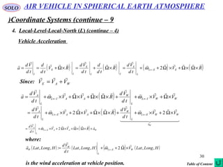 30
SOLO
Coordinate Systems (continue – 9)
4. Local-Level-Local-North (L( (continue – 4)
Vehicle Acceleration
Since:
( ) ( ) ( ) ( )RV
td
Vd
R
td
d
td
Vd
RV
td
d
td
Vd
a EEL
L
E
II
E
I
E
I







×Ω×Ω+×Ω++=×Ω+=×Ω+== ← 2ω
WAE VVV

+=
( ) WWIL
L
W
AAIL
L
A
VV
td
Vd
RVV
td
Vd
a





×Ω+×++×Ω×Ω+×Ω+×+= ←← ωω
( )
  





Wa
WWEL
L
W
AAEL
L
A
VV
td
Vd
RVV
td
Vd
×Ω+×++×Ω×Ω+×Ω+×+= ←← 22 ωω
( ) ( ) ( ) ( )HLongLatVHLongLat
td
Vd
HLongLata WEL
L
W
W ,,2,,:,,



×Ω++= ←ω
( ) WAAEL
L
A
aRVV
td
Vd 

+×Ω×Ω+×Ω+×+= ← 2ω
where:
is the wind acceleration at vehicle position.
AIR VEHICLE IN SPHERICAL EARTH ATMOSPHERE
Table of Content
 