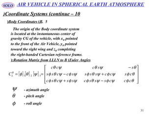 31
SOLO
Coordinate Systems (continue – 10)
5.Body Coordinates (B(
The origin of the Body coordinate system
is located at the instantaneous center of
gravity CG of the vehicle, with xB pointed
to the front of the Air Vehicle, yB pointed
toward the right wing and zB completing
the right-handed Cartesian reference frame.
Rotation Matrix from LLLN to B (Euler Angles(:
[ ] [ ] [ ]










−+
+−
−
==
θφψφψθφψφψθφ
θφψφψθφψφψθφ
θψθψθ
ψθφ
cccssscsscsc
csccssssccss
ssccc
CB
L 321
ψ - azimuth angle
θ - pitch angle
φ - roll angle
AIR VEHICLE IN SPHERICAL EARTH ATMOSPHERE
 