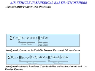 50
( ) ( ) ( )
  

  

MomentFriction
S
C
Momentessure
S
CCA
WW
dstRRfdsnRRppM ∫∫∫∫∑ ×−+×−−= ∞ 11
Pr
/
Aerodynamic Moments Relative to C can be divided in Pressure Moments and
Friction Moments.
( )


  

FrictionSkinor
FrictionViscous
S
essureNormal
S
A
WW
dstfdsnppF ∫∫∫∫∑ +−= ∞ 11
Pr
Aerodynamic Forces can be divided in Pressure Forces and Friction Forces.
AIR VEHICLE IN SPHERICAL EARTH ATMOSPHERE
AERODYNAMIC FORCES AND MOMENTS.
 