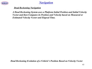 SOLO
63
Navigation
Dead Reckoning Navigation
A Dead Reckoning System uses a Platform Initial Position and Initial Velocity
Vector and then Computes its Position and Velocity based on Measured or
Estimated Velocity Vector and Elapsed Time.
Dead Reckoning Evolution of a Vehicle’s Position Based on Velocity Vector
 