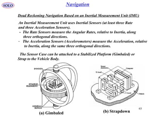 SOLO
65
Navigation
Dead Reckoning Navigation Based on an Inertial Measurement Unit (IMU(
An Inertial Measurement Unit uses Inertial Sensors (at least three Rate
and three Acceleration Sensors(.
- The Rate Sensors measure the Angular Rates, relative to Inertia, along
three orthogonal directions.
- The Acceleration Sensors (Accelerometers( measure the Acceleration, relative
to Inertia, along the same three orthogonal directions.
The Sensor Case can be attached to a Stabilized Platform (Gimbaled( or
Strap to the Vehicle Body.
(b) Strapdown(a) Gimbaled
 