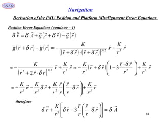 SOLO
84
Navigation
Derivation of the IMU Position and Platform Misalignment Error Equations
Position Error Equations (continue – 1(
( ) ( )rgrrgAr


−++= δδδ
( ) ( )
( ) ( )[ ]
r
r
K
r
rrrr
K
rgrrg



32/3
+
+⋅+
−=−+
δδ
δ
( )
( ) r
r
K
r
rr
rr
r
K
r
r
K
r
rrr
K 


 32332/32
31
2
+




 ⋅
−+−≈+
⋅+
−≈
δ
δ
δ
r
r
K
r
r
r
r
r
r
K
r
r
K
r
r
K 


3333
+





⋅+−−≈ δδ
therefore
Ar
r
r
r
r
r
r
K
r



δδδδ =











⋅−+ 33
 