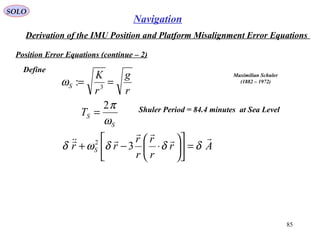 SOLO
85
Navigation
Derivation of the IMU Position and Platform Misalignment Error Equations
Position Error Equations (continue – 2(
Define
r
g
r
K
S == 3
:ω
Maximilian Schuler
(1882 – 1972(
S
ST
ω
π2
= Shuler Period = 84.4 minutes at Sea Level
Ar
r
r
r
r
rr S



δδδωδ =











⋅−+ 32
 